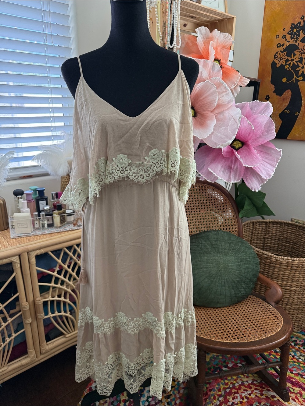 Gold Hawk Taupe Silk Lace Trim Spaghetti Strap Boho Coquette Midi Slip Dress